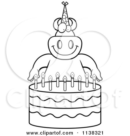 Cartoon Clipart Of An Outlined Devil Making A Wish Over Candles On A Birthday Cake - Black And White Vector Coloring Page by Cory Thoman