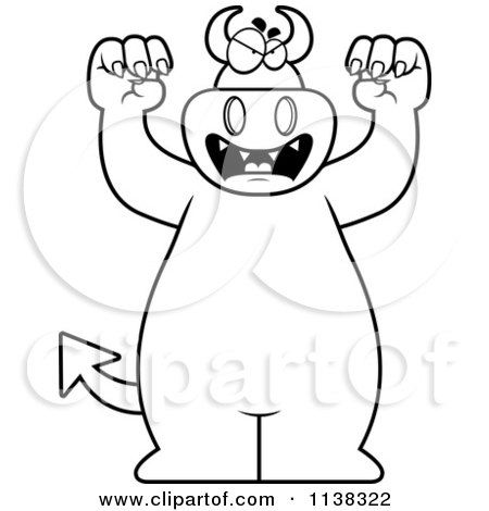 Cartoon Clipart Of An Outlined Attacking Big  Devil - Black And White Vector Coloring Page by Cory Thoman