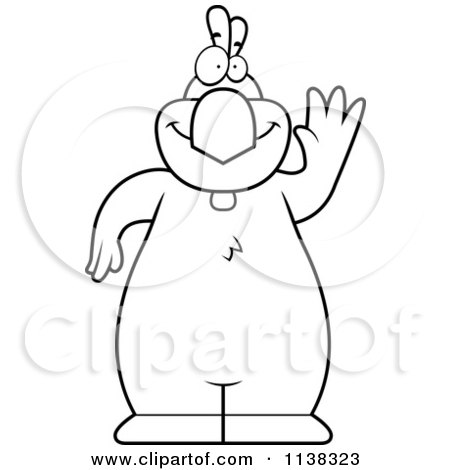 Cartoon Clipart Of An Outlined  Chicken Waving - Black And White Vector Coloring Page by Cory Thoman