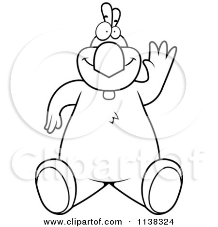 Cartoon Clipart Of An Outlined  Chicken Sitting And Waving - Black And White Vector Coloring Page by Cory Thoman