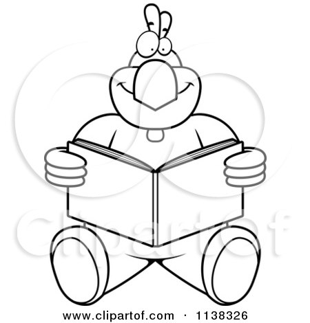 Cartoon Clipart Of An Outlined  Chicken Sitting And Reading - Black And White Vector Coloring Page by Cory Thoman