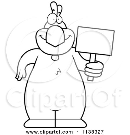 Cartoon Clipart Of An Outlined  Chicken Holding A Sign - Black And White Vector Coloring Page by Cory Thoman