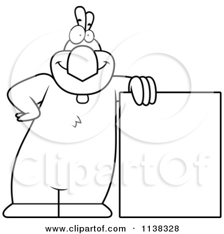 Cartoon Clipart Of An Outlined  Chicken Leaning On A Sign - Black And White Vector Coloring Page by Cory Thoman