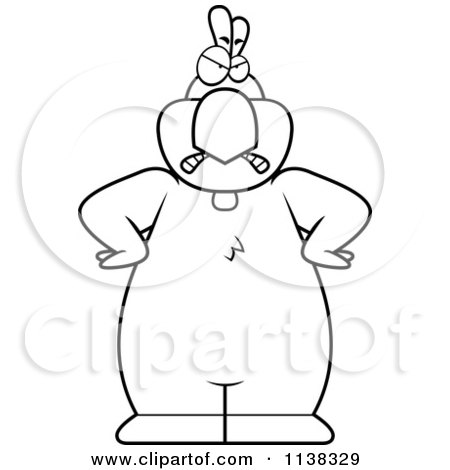 Cartoon Clipart Of An Outlined Angry  Chicken - Black And White Vector Coloring Page by Cory Thoman