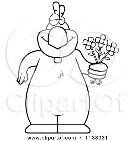 Cartoon Clipart Of An Outlined  Chicken Holding Flowers - Black And White Vector Coloring Page by Cory Thoman