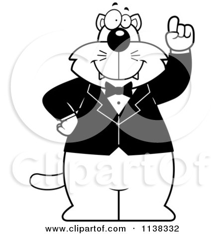 Cartoon Clipart Of An Outlined  Cat With An Idea Wearing A Tuxedo - Black And White Vector Coloring Page by Cory Thoman