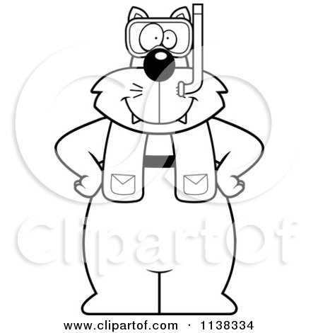 Cartoon Clipart Of An Outlined Cat In Scuba Gear- Black And White Vector Coloring Page by Cory Thoman