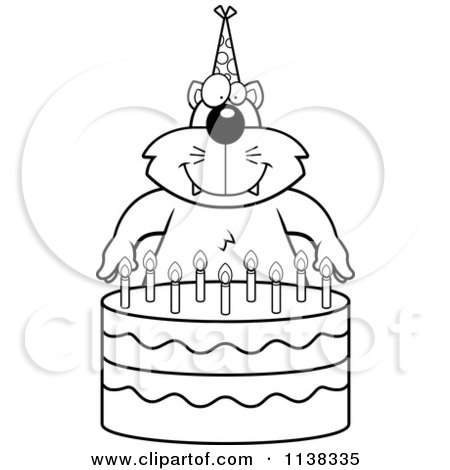 Cartoon Clipart Of An Outlined Cat Making A Wish Over Candles On A Birthday Cake - Black And White Vector Coloring Page by Cory Thoman