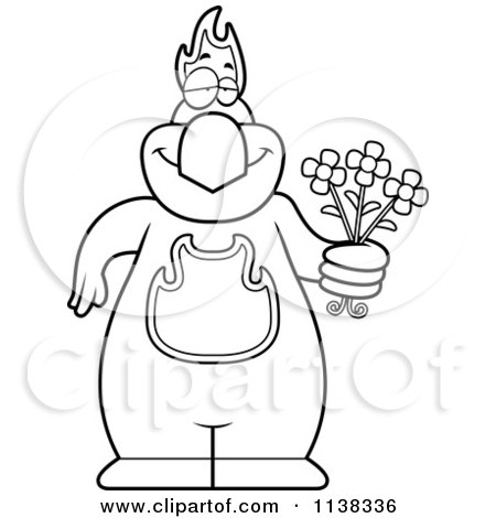Cartoon Clipart Of An Outlined Phoenix Bird Holding Flowers - Black And White Vector Coloring Page by Cory Thoman