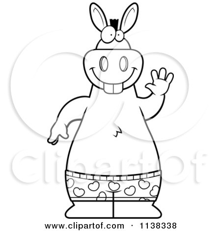Cartoon Clipart Of An Outlined Happy Donkey Wearing Boxers And Waving - Black And White Vector Coloring Page by Cory Thoman