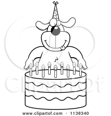 Cartoon Clipart Of An Outlined Dog Making A Wish Over Candles On A Birthday Cake - Black And White Vector Coloring Page by Cory Thoman