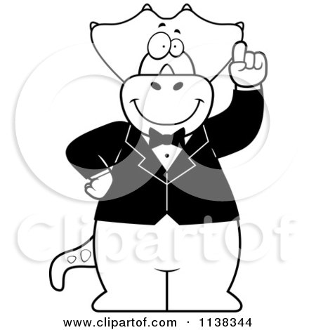 Cartoon Clipart Of An Outlined Triceratops With An Idea Wearing A Tuxedo - Black And White Vector Coloring Page by Cory Thoman
