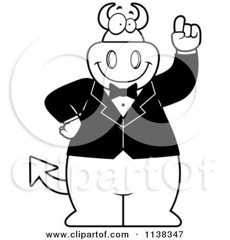 Cartoon Clipart Of An Outlined Clipart Big  Devil With An Idea Wearing A Tux - Black And White Vector Coloring Page by Cory Thoman