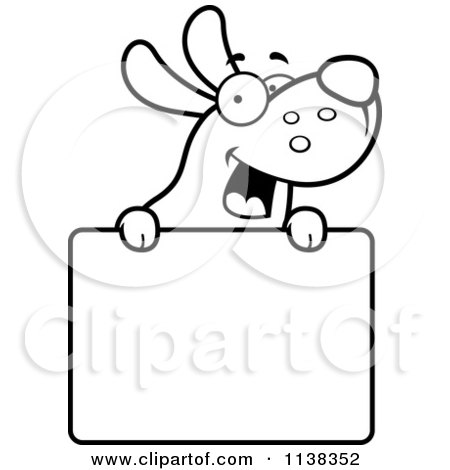 Cartoon Clipart Of An Outlined Happy Dog Over A Sign - Black And White Vector Coloring Page by Cory Thoman