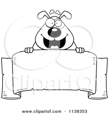 Cartoon Clipart Of An Outlined Dog Over A Banner - Black And White Vector Coloring Page by Cory Thoman