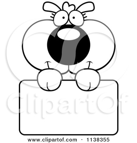 Cartoon Clipart Of An Outlined Cute Dog Holding A Sign- Black And White Vector Coloring Page by Cory Thoman