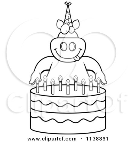 Cartoon Clipart Of An Outlined Pig Making A Wish Over Candles On A Birthday Cake - Black And White Vector Coloring Page by Cory Thoman