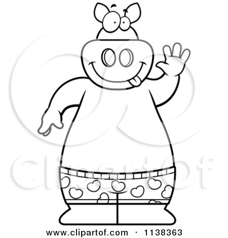 Cartoon Clipart Of An Outlined Happy Pig Waving And Wearing Boxers - Black And White Vector Coloring Page by Cory Thoman