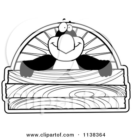 Cartoon Clipart Of An Outlined Penguin Holding A Wooden Sign - Black And White Vector Coloring Page by Cory Thoman