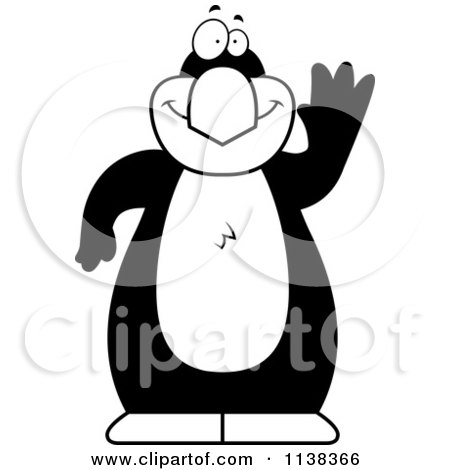 Cartoon Clipart Of An Outlined Penguin Waving - Black And White Vector Coloring Page by Cory Thoman