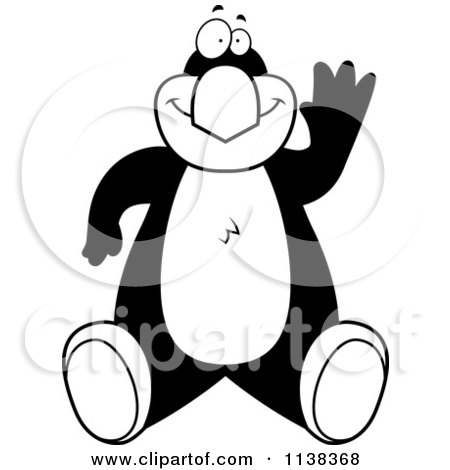 Cartoon Clipart Of An Outlined Penguin Sitting And Waving - Black And White Vector Coloring Page by Cory Thoman