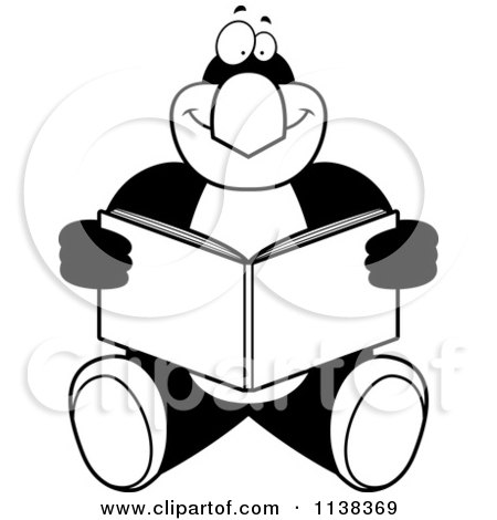Cartoon Clipart Of An Outlined Penguin Sitting And Reading - Black And White Vector Coloring Page by Cory Thoman