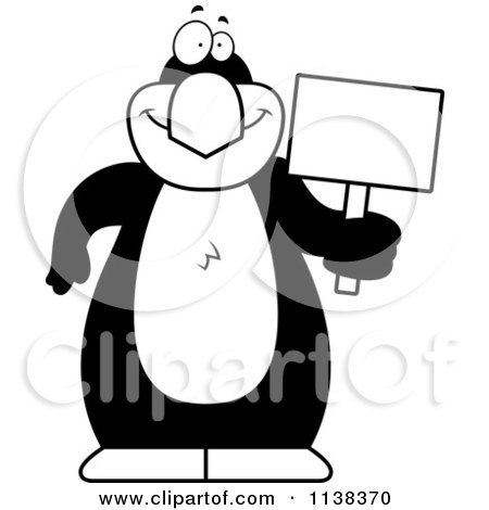 Cartoon Clipart Of An Outlined Penguin Holding A Sign - Black And White Vector Coloring Page by Cory Thoman