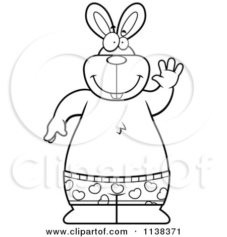 Cartoon Clipart Of An Outlined Happy Rabbit Waving And Wearing Boxers - Black And White Vector Coloring Page by Cory Thoman