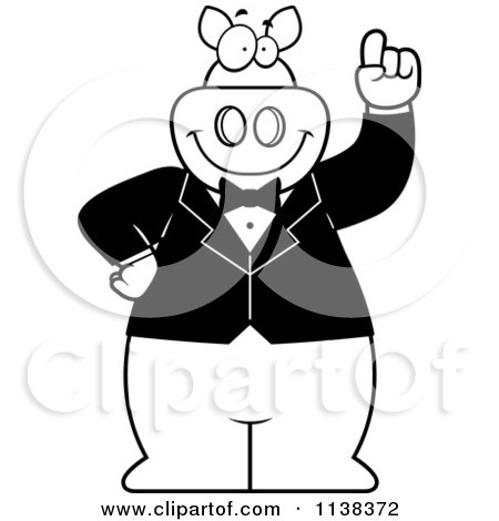 Cartoon Clipart Of An Outlined Pig With An Idea Wearing A Tux - Black And White Vector Coloring Page by Cory Thoman