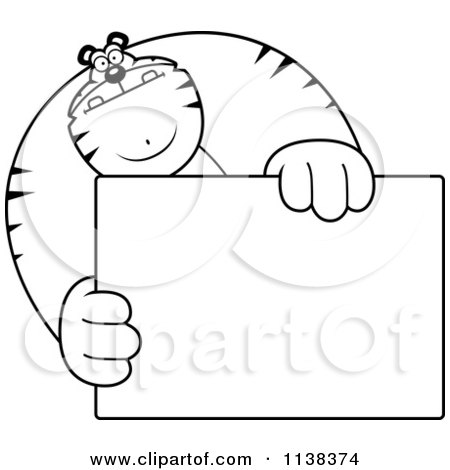 Cartoon Clipart Of An Outlined Buff Tiger Holding A Blank Sign 1 - Black And White Vector Coloring Page by Cory Thoman