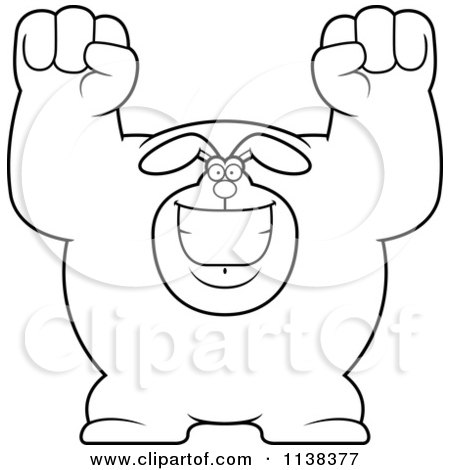 Cartoon Clipart Of An Outlined Excited Buff Rabbit Cheering - Black And White Vector Coloring Page by Cory Thoman