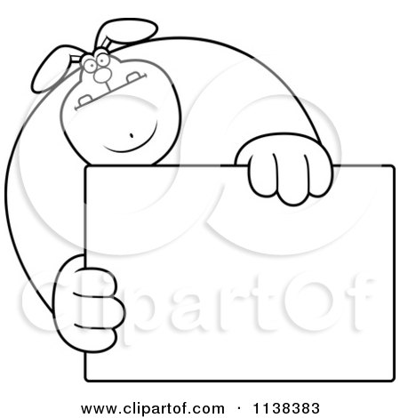 Cartoon Clipart Of An Outlined Buff Rabbit Holding A Sign 1 - Black And White Vector Coloring Page by Cory Thoman