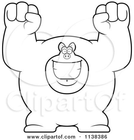 Cartoon Clipart Of An Outlined Excited Buff Pig Cheering - Black And White Vector Coloring Page by Cory Thoman