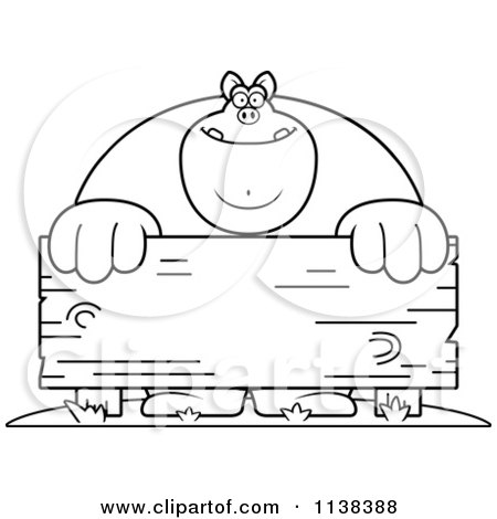 Cartoon Clipart Of An Outlined Buff Pig Behind A Wooden Sign - Black And White Vector Coloring Page by Cory Thoman
