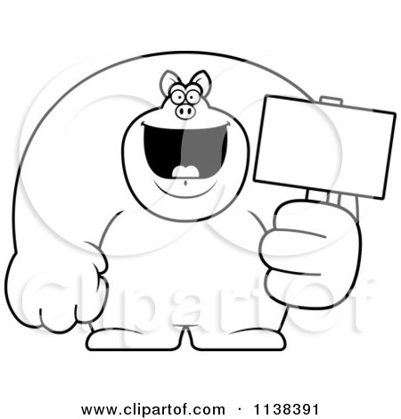 Cartoon Clipart Of An Outlined Buff Pig Holding A Sign 2 - Black And White Vector Coloring Page by Cory Thoman