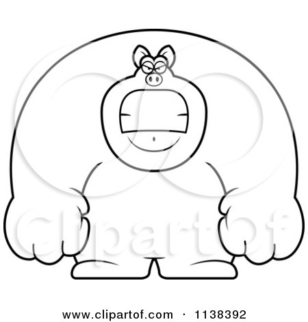 Cartoon Clipart Of An Outlined Angry Buff Pig - Black And White Vector Coloring Page by Cory Thoman