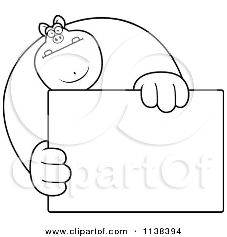 Cartoon Clipart Of An Outlined Buff Pig Holding A Sign 1 - Black And White Vector Coloring Page by Cory Thoman
