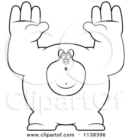 Cartoon Clipart Of An Outlined Buff Pig Giving Up - Black And White Vector Coloring Page by Cory Thoman