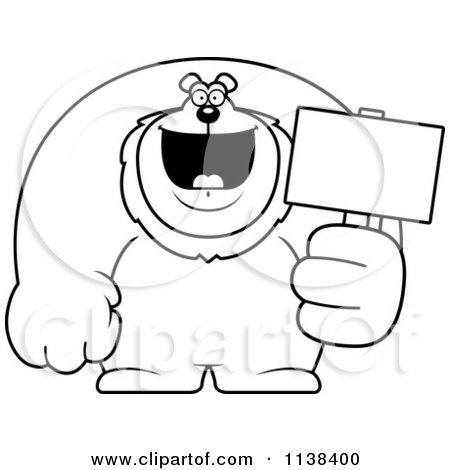 Cartoon Clipart Of An Outlined Buff Lion Holding A Sign 2 - Black And White Vector Coloring Page by Cory Thoman