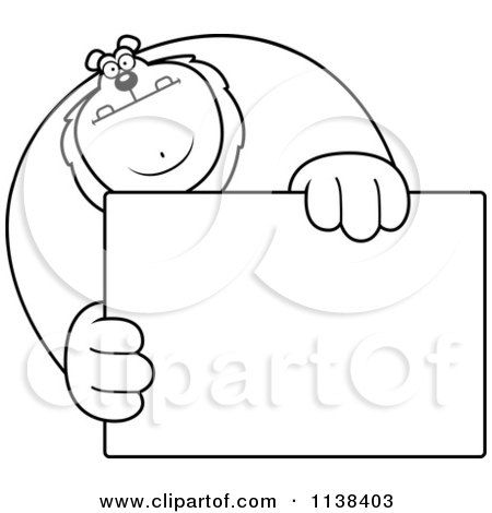 Cartoon Clipart Of An Outlined Buff Lion Holding A Sign 1 - Black And White Vector Coloring Page by Cory Thoman