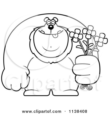 Cartoon Clipart Of An Outlined Buff Lion Holding Flowers - Black And White Vector Coloring Page by Cory Thoman