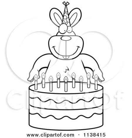 Cartoon Clipart Of An Outlined Rabbit Making A Wish Over Candles On A Birthday Cake - Black And White Vector Coloring Page by Cory Thoman