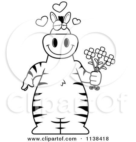 Cartoon Clipart Of An Outlined Amorous Zebra Holding Flowers - Black And White Vector Coloring Page by Cory Thoman