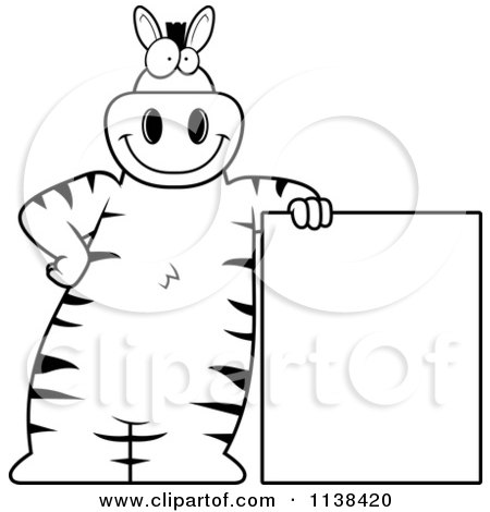 Cartoon Clipart Of An Outlined Zebra Leaning On A Sign - Black And White Vector Coloring Page by Cory Thoman