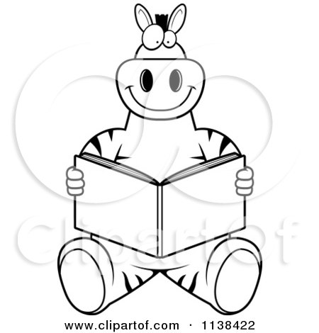Cartoon Clipart Of An Outlined Zebra Sitting And Reading - Black And White Vector Coloring Page by Cory Thoman