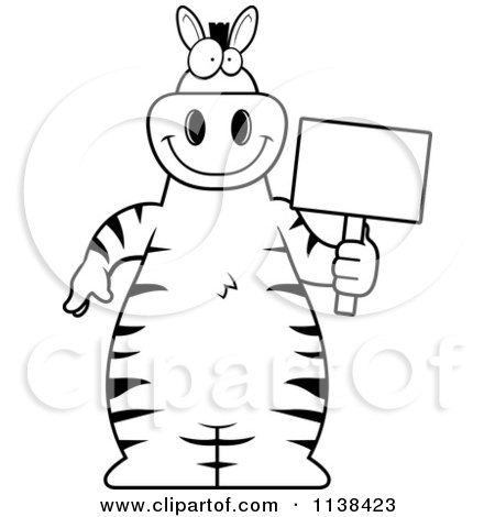 Cartoon Clipart Of An Outlined Zebra Holding A Sign - Black And White Vector Coloring Page by Cory Thoman