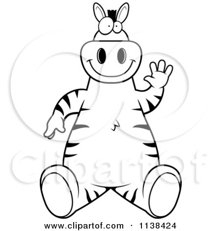 Cartoon Clipart Of An Outlined Zebra Sitting And Waving - Black And White Vector Coloring Page by Cory Thoman