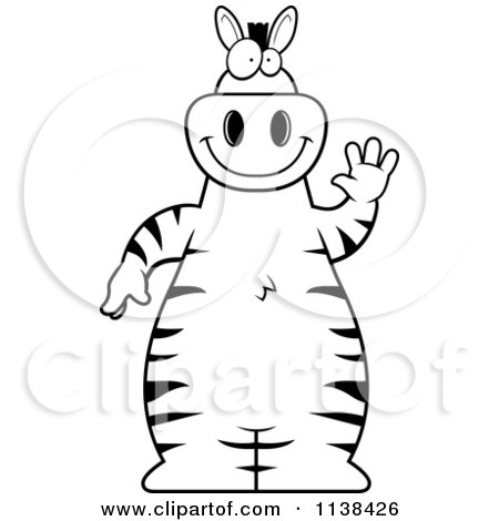 Cartoon Clipart Of An Outlined Zebra Waving - Black And White Vector Coloring Page by Cory Thoman