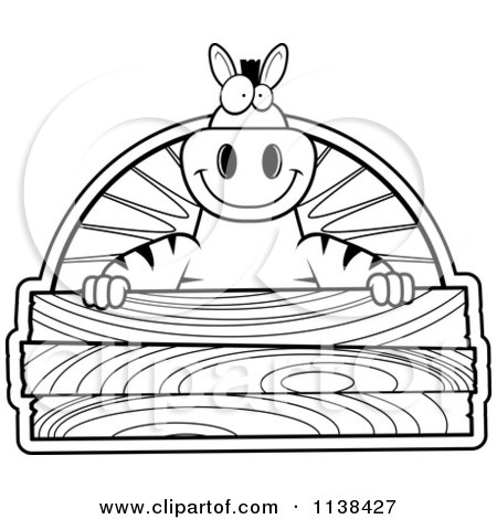 Cartoon Clipart Of An Outlined Zebra Holding A Wood Sign - Black And White Vector Coloring Page by Cory Thoman