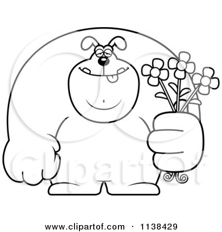 Cartoon Clipart Of An Outlined Buff Dog Holding Flowers - Black And White Vector Coloring Page by Cory Thoman